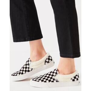 Vans Sherpa Fleece Checkerboard Slip-On Sneakers Black White Mens 5 Womens 6.5